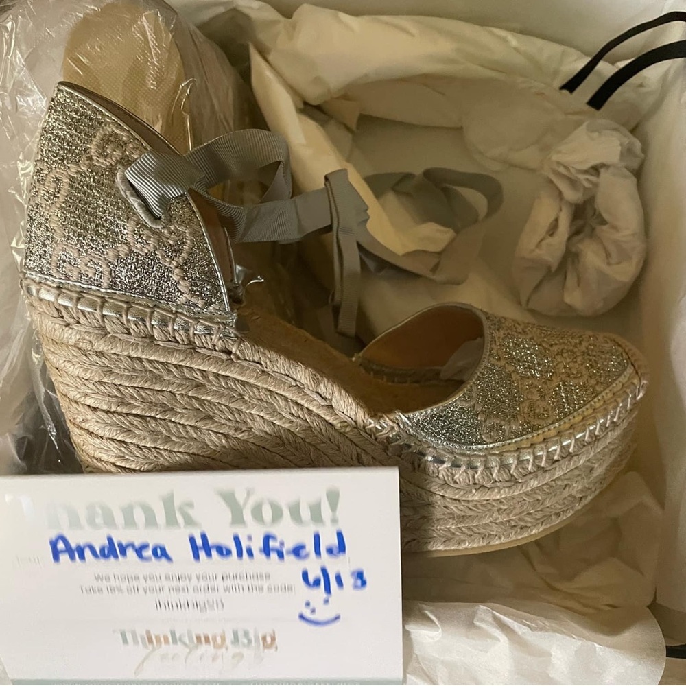 GUCCI Silver Monogram Pattern Glitter Accents Espadrilles